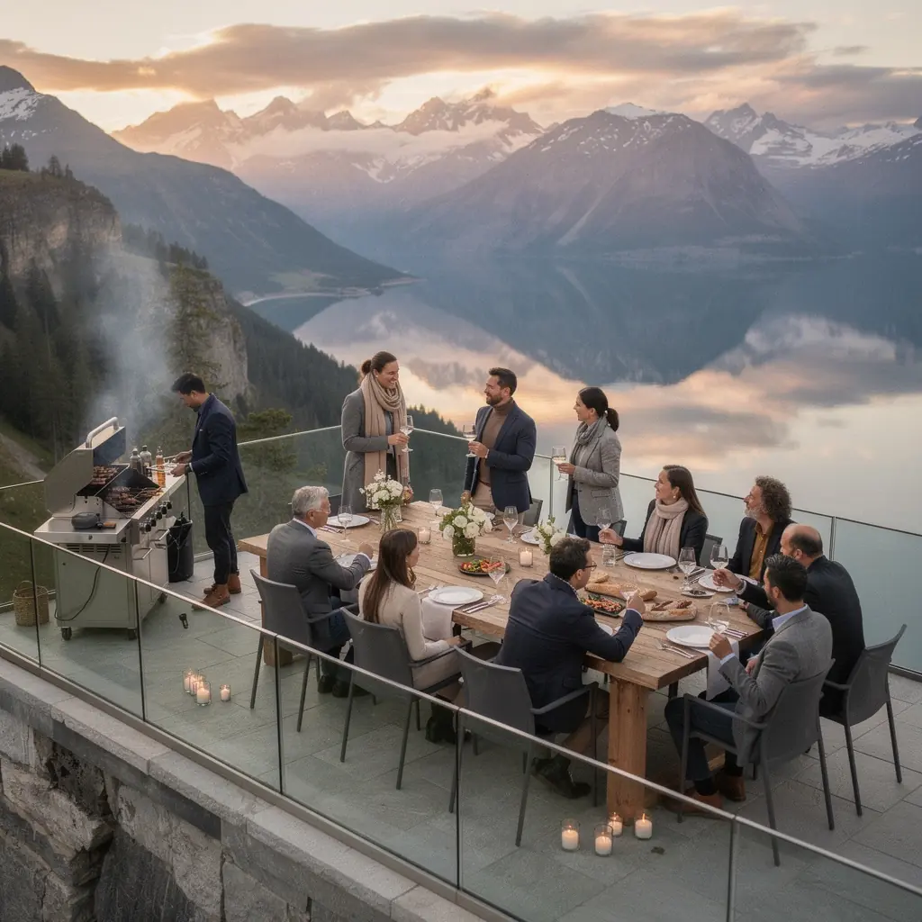 Gemütliches Wohnzimmer mit großen Fenstern und Ausblick auf die Alpenlandschaft