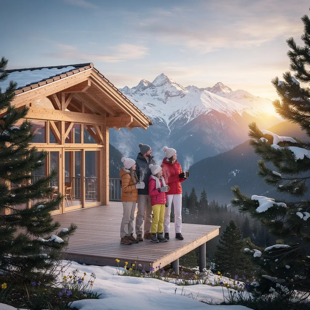 Blick auf ein modernes Chalet mit Alpenpanorama im Hintergrund