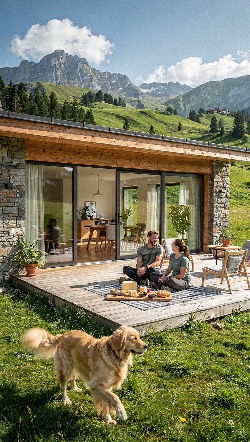 Ein rustikales Holzhaus mit Blick auf grüne Täler und schneebedeckte Berge