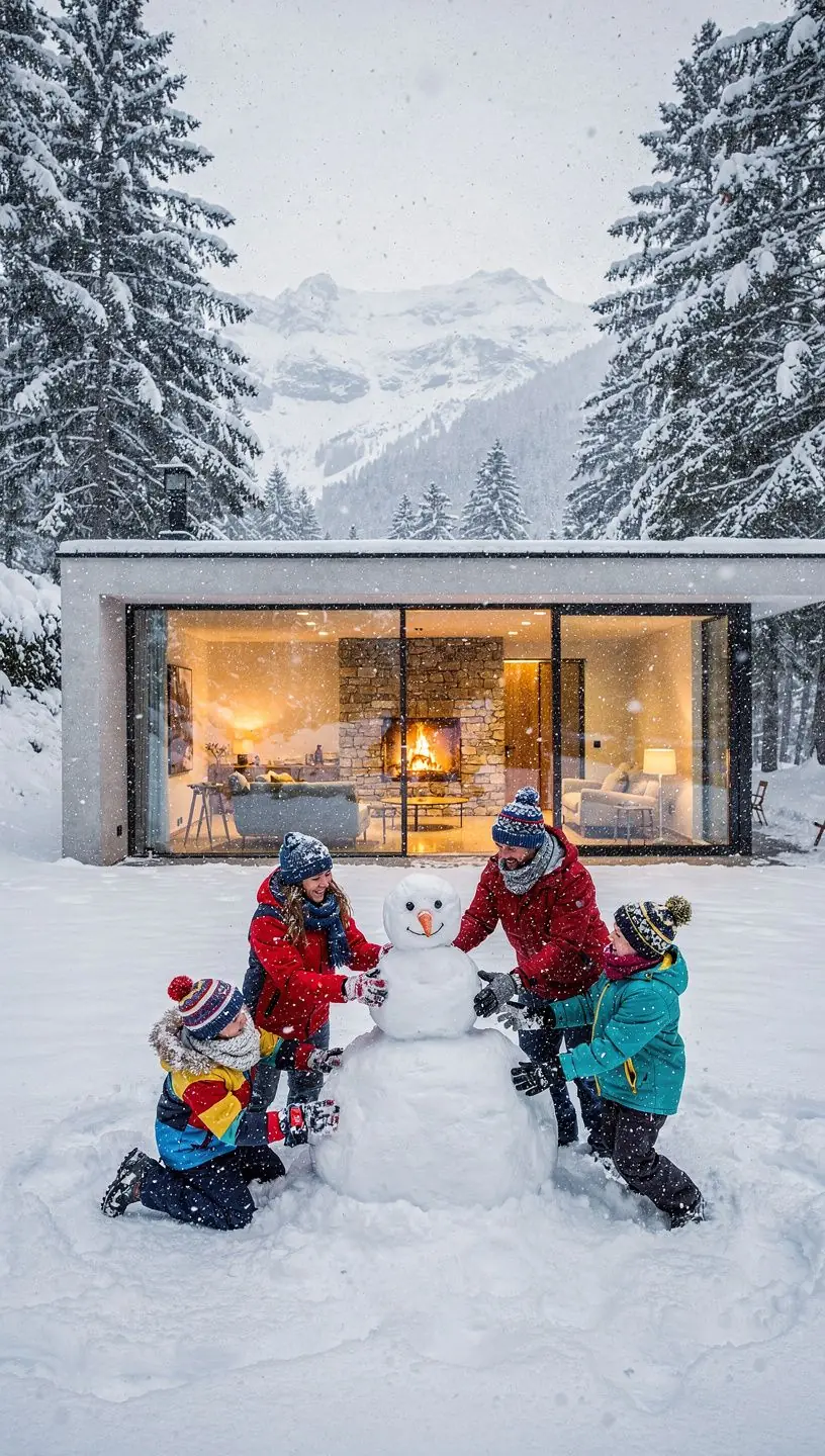 Moderne Küche mit Blick auf schneebedeckte Gipfel und malerische Täler