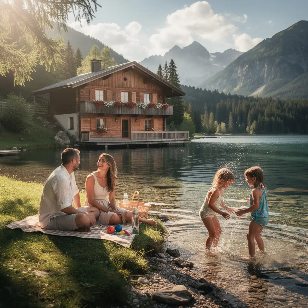 Luxuriöses Ferienhaus mit Balkon, der auf das atemberaubende Bergpanorama blickt.