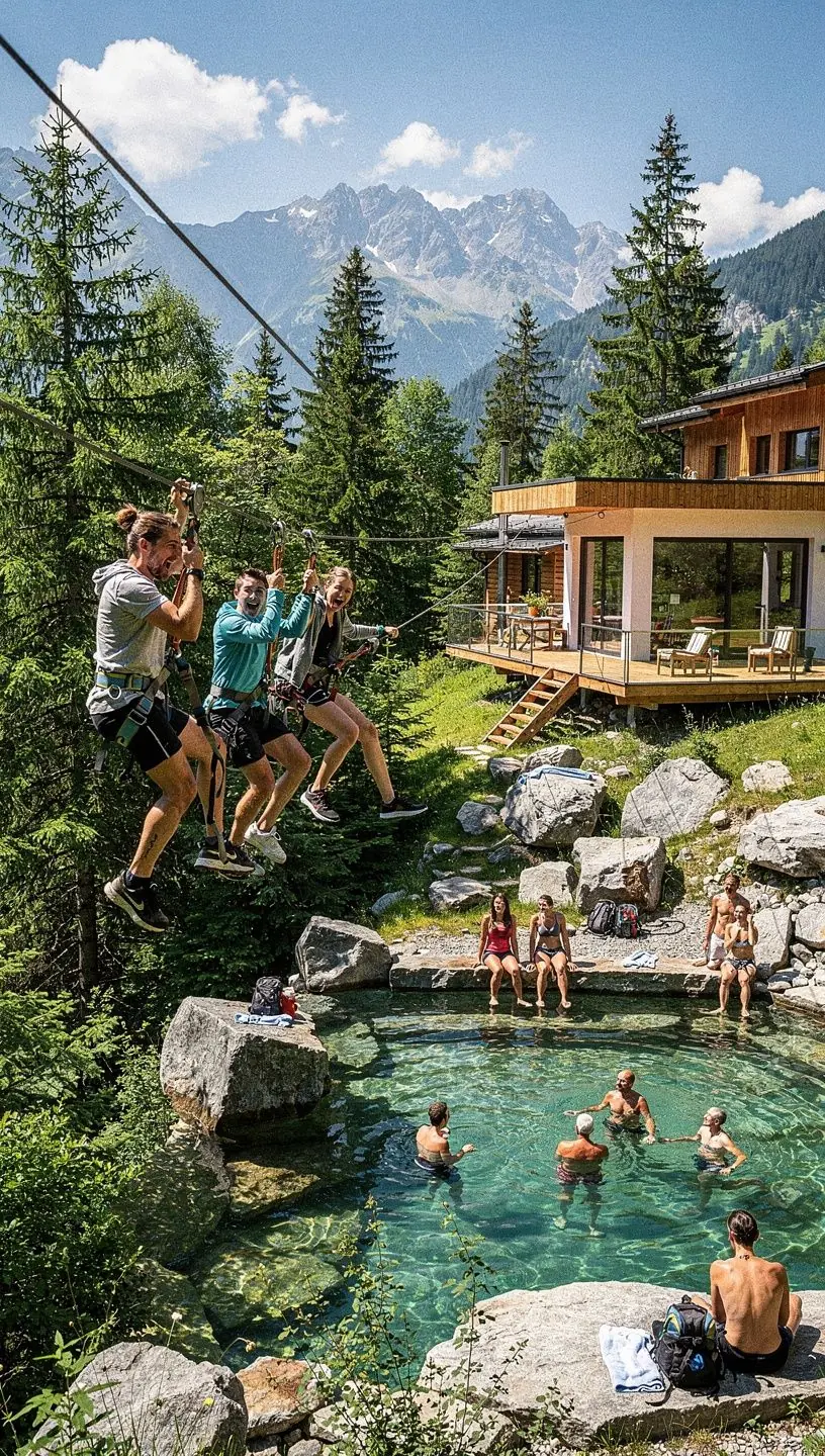 HГ¤user mit atemberaubendem Blick auf die Alpenlandschaft im Sonnenuntergang.