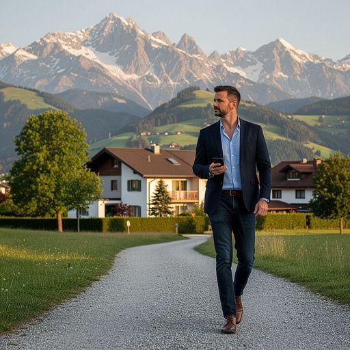 Gemütlicher Kamin mit Aussicht auf die verschneiten Berge im Winter